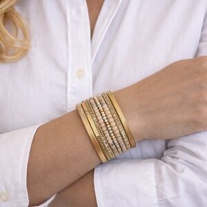 Gold Multi-Row Beaded Stack Magnetic Bracelet with Cream Accents - Women Jewelry